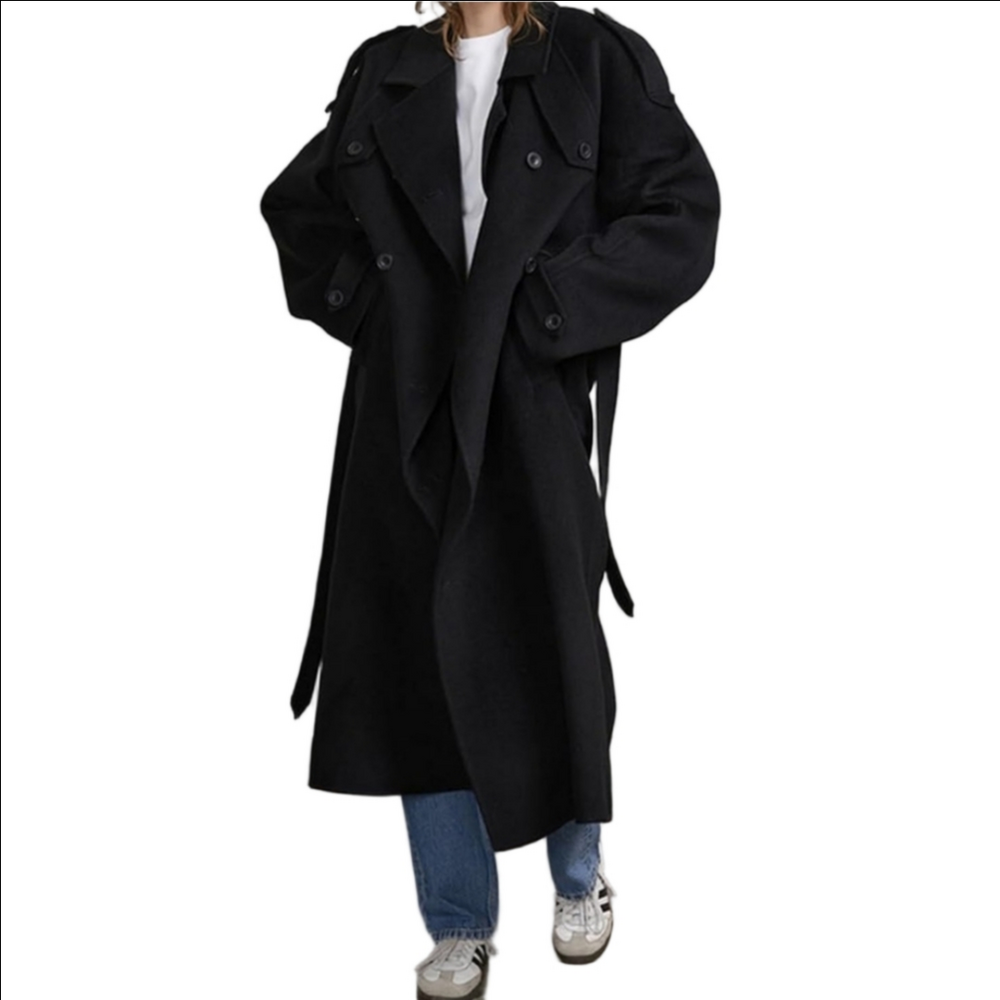 Studio Milano 100% Cashemere Black Women's Long Double Breasted Trench Coat Sz18